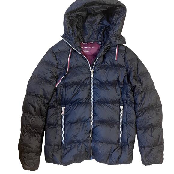 Tommy Hilfiger Down Packable Jacket Mens Medium Quilted Black Hooded Puffer - Picture 1 of 11